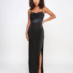 Emerald Sundae Drape-Front Long Sateen Gown Juniors' XXS Black Back Zip Closure