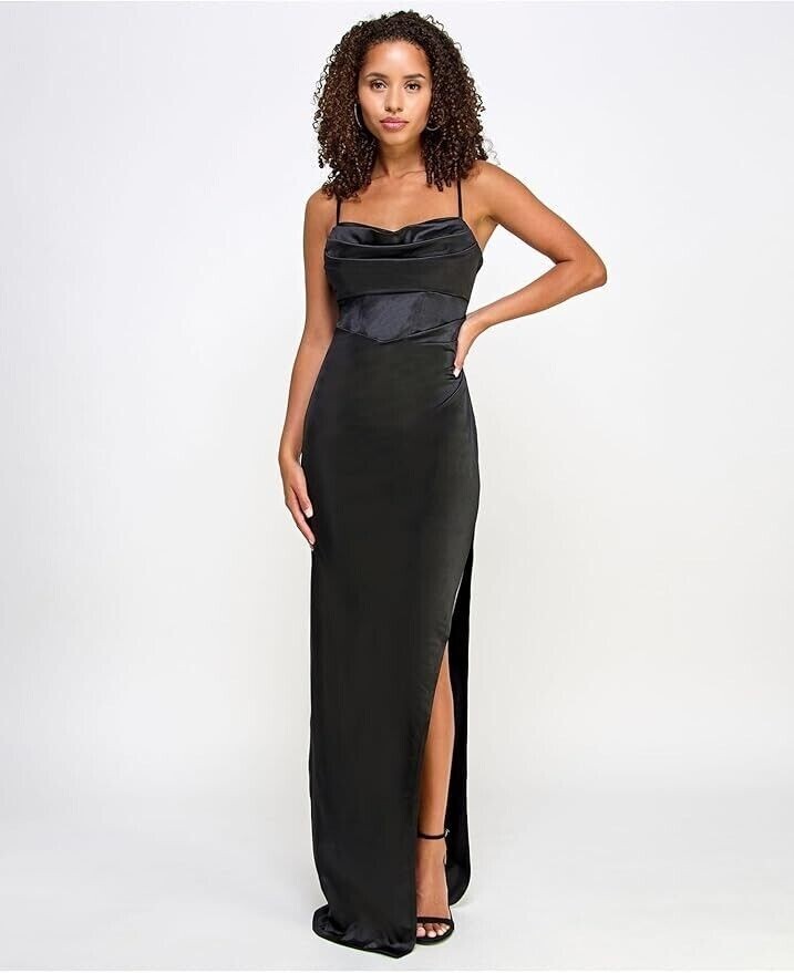 Emerald Sundae Drape-Front Long Sateen Gown Juniors' XXS Black Back Zip Closure