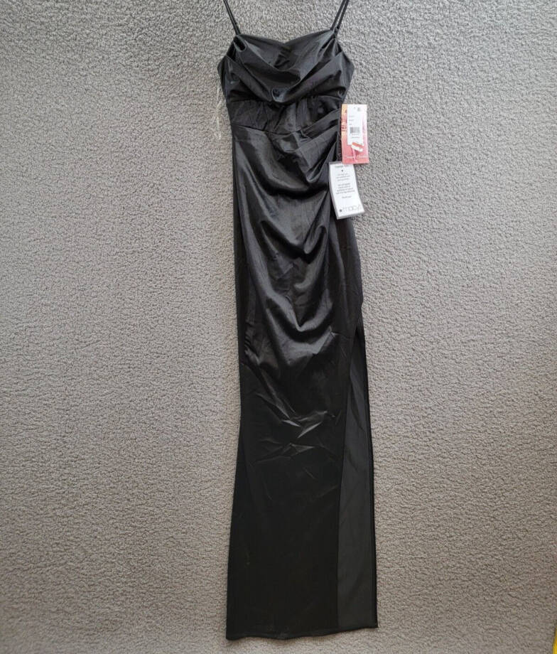 Emerald Sundae Drape-Front Long Sateen Gown Juniors' XXS Black Back Zip Closure