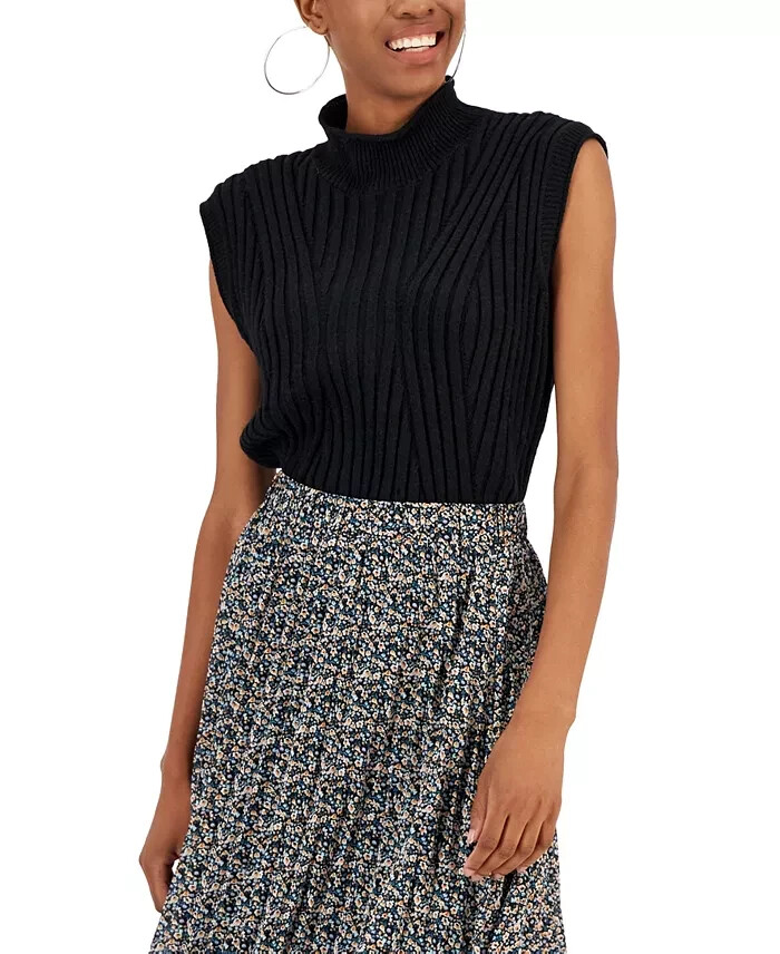 Lucy Paris Elias Rib-Knit Top Women's M Black Mock Neck Sleeveless Pullover