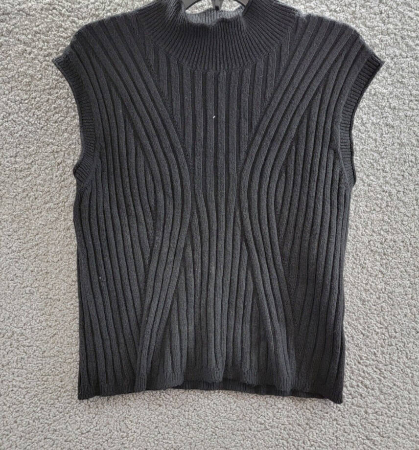 Lucy Paris Elias Rib-Knit Top Women's M Black Mock Neck Sleeveless Pullover
