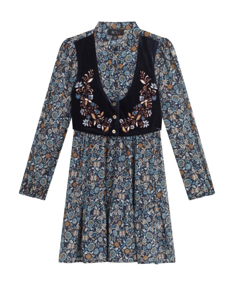 BCX Print Chiffon Dress w/ Embroidered Velvet Faux Vest Girls 12 Navy Multi L/S