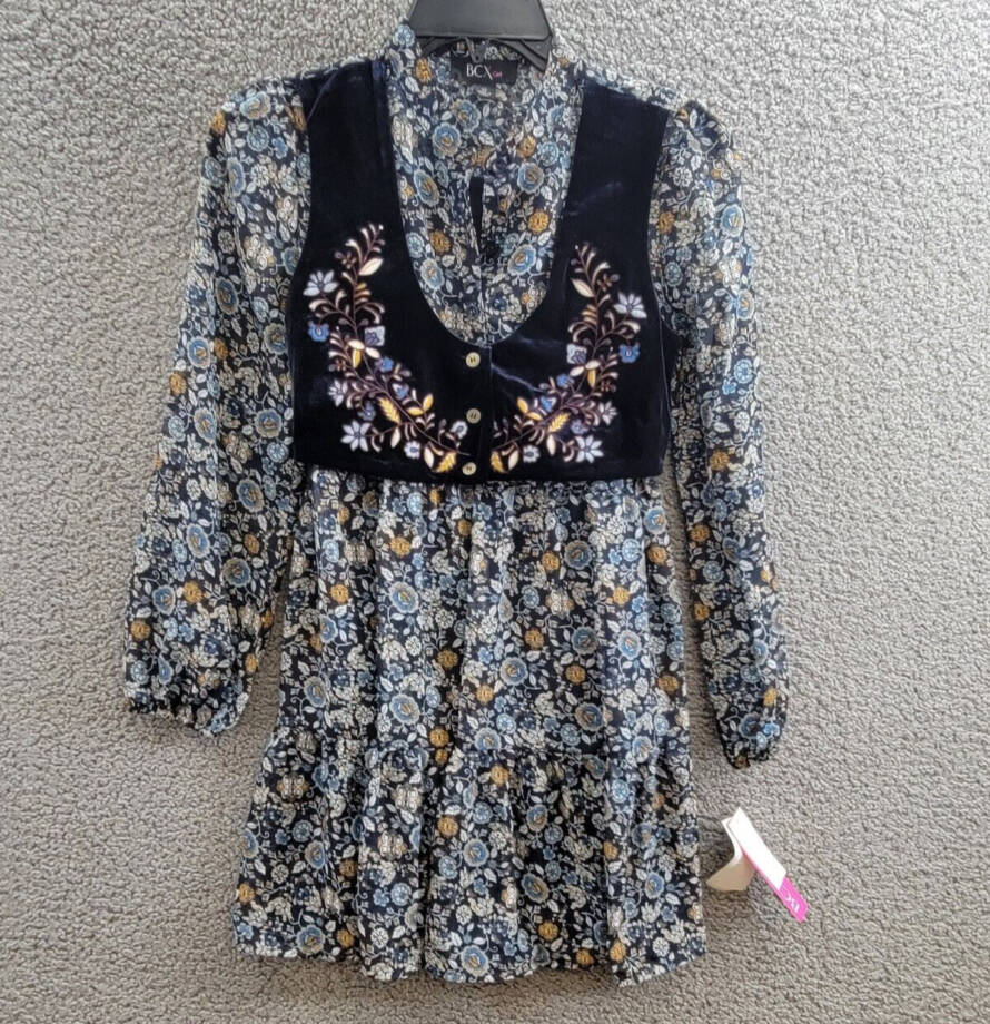 BCX Print Chiffon Dress w/ Embroidered Velvet Faux Vest Girls 12 Navy Multi L/S