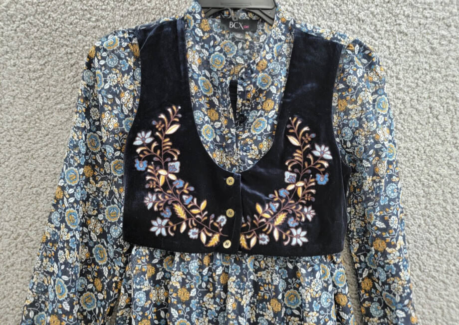 BCX Print Chiffon Dress w/ Embroidered Velvet Faux Vest Girls 12 Navy Multi L/S