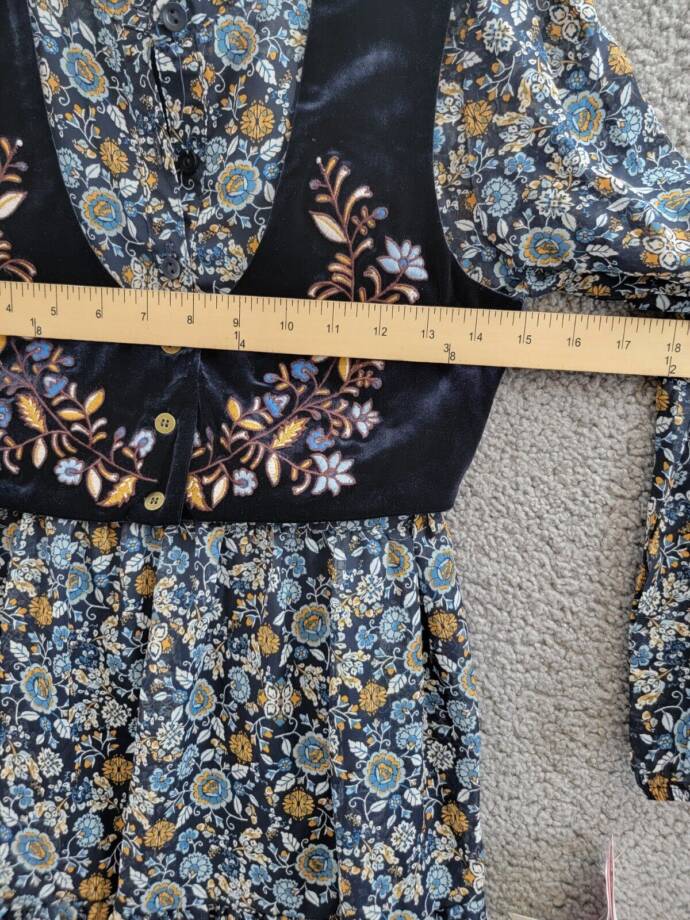 BCX Print Chiffon Dress w/ Embroidered Velvet Faux Vest Girls 12 Navy Multi L/S