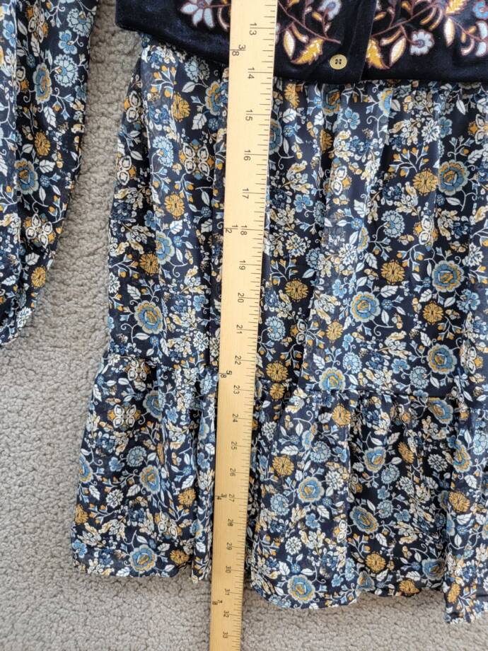 BCX Print Chiffon Dress w/ Embroidered Velvet Faux Vest Girls 12 Navy Multi L/S