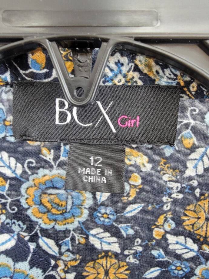 BCX Print Chiffon Dress w/ Embroidered Velvet Faux Vest Girls 12 Navy Multi L/S