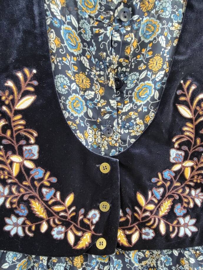 BCX Print Chiffon Dress w/ Embroidered Velvet Faux Vest Girls 12 Navy Multi L/S