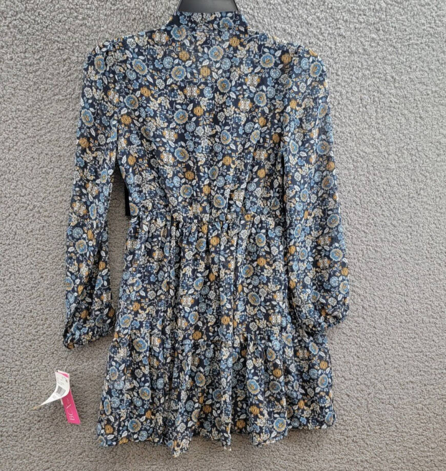 BCX Print Chiffon Dress w/ Embroidered Velvet Faux Vest Girls 12 Navy Multi L/S