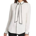 DKNY Petite Piped-Trim Blouse Women's PM White/Black Front Button Closure L/S