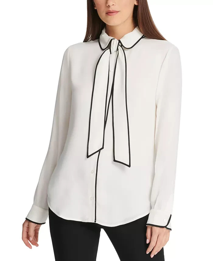 DKNY Petite Piped-Trim Blouse Women's PM White/Black Front Button Closure L/S
