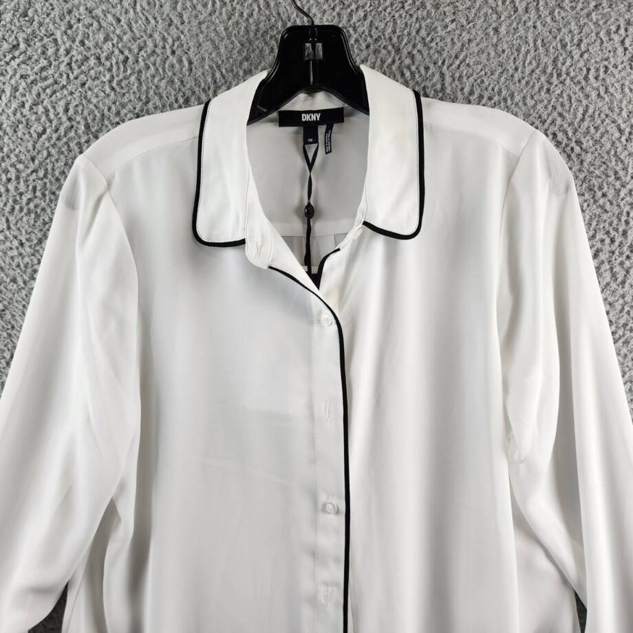 DKNY Petite Piped-Trim Blouse Women's PM White/Black Front Button Closure L/S