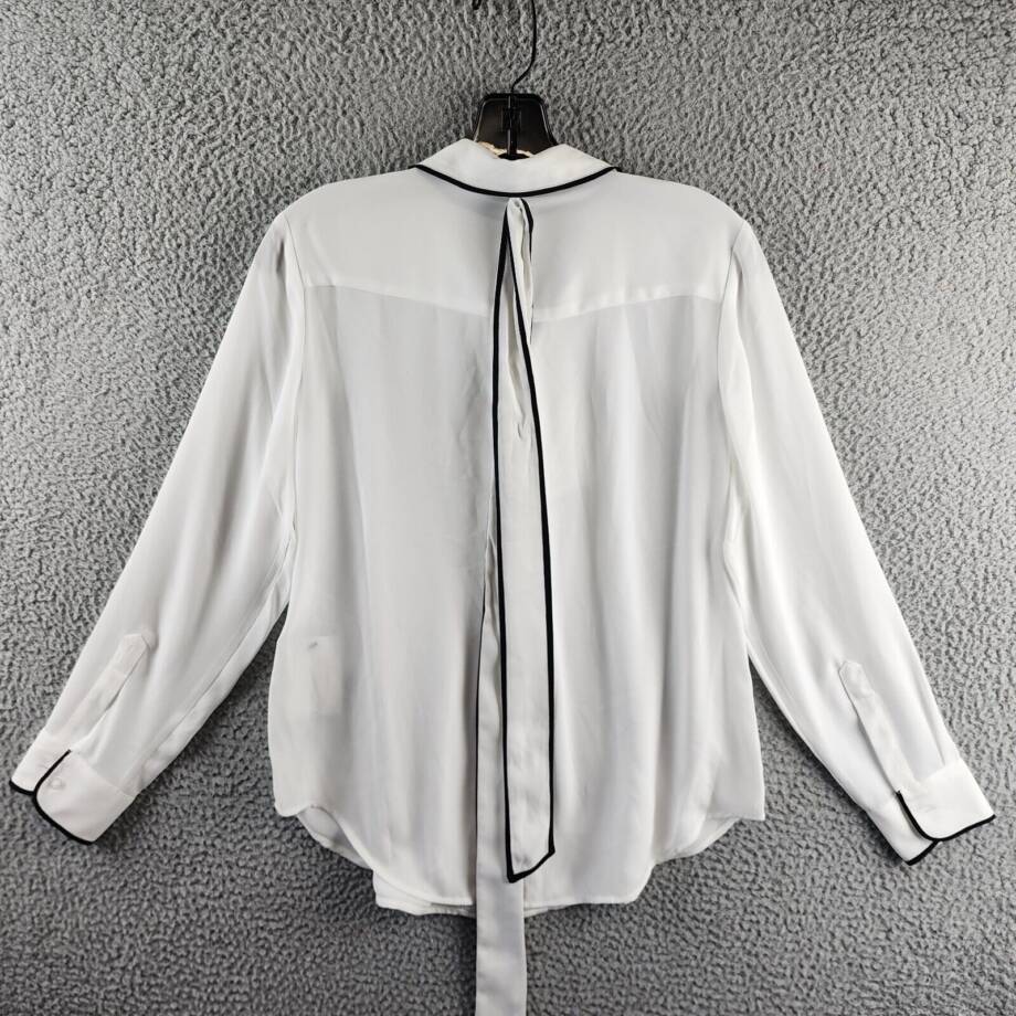 DKNY Petite Piped-Trim Blouse Women's PM White/Black Front Button Closure L/S