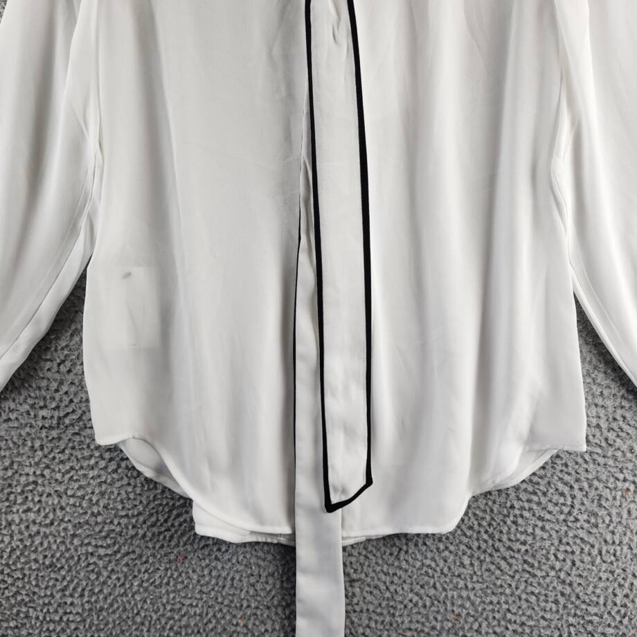 DKNY Petite Piped-Trim Blouse Women's PM White/Black Front Button Closure L/S