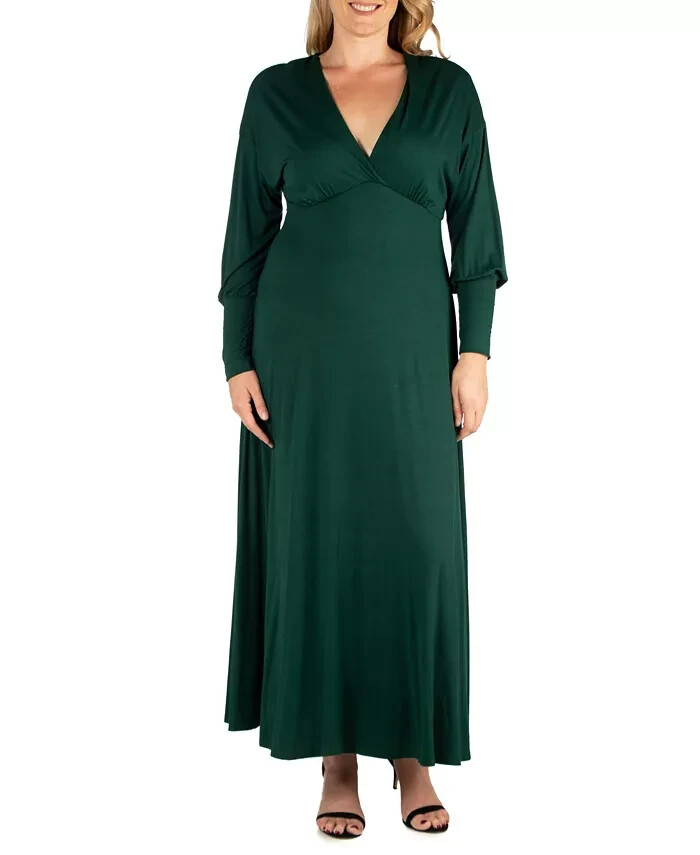 24seven Comfort Apparel Plus Size Bishop Sleeves Maxi Dress Women's 2X Green L/S