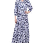 NY Collection Petite 3/4 Sleeve Crinkle Tiered Maxi Dress Women's PXL White/Navy