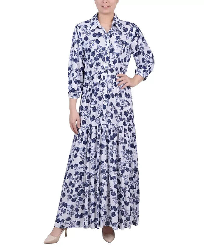 NY Collection Petite 3/4 Sleeve Crinkle Tiered Maxi Dress Women's PXL White/Navy
