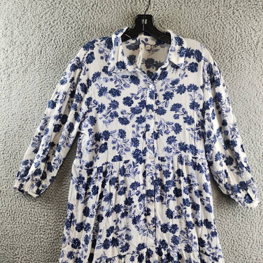 NY Collection Petite 3/4 Sleeve Crinkle Tiered Maxi Dress Women's PXL White/Navy