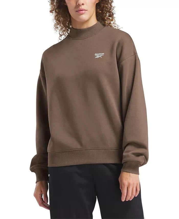 Reebok Identity Cotton Fleece Mock Neck Sweatshirt Women's S Brown Drop Shoulder