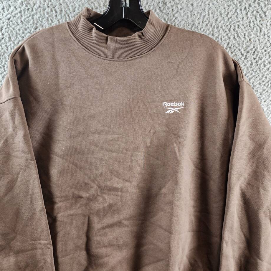 Reebok Identity Cotton Fleece Mock Neck Sweatshirt Women's S Brown Drop Shoulder