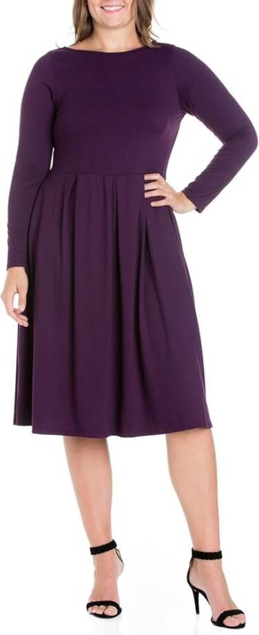 24seven Comfort Apparel Plus Size Fit & Flare Midi Dress Women's 1X Purple L/S