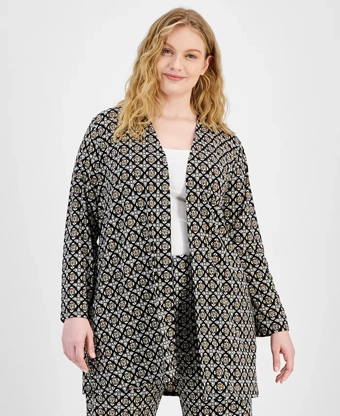 JM Collection Plus Size Francesca Foulard Cardigan Women's 3X Deep Black Combo