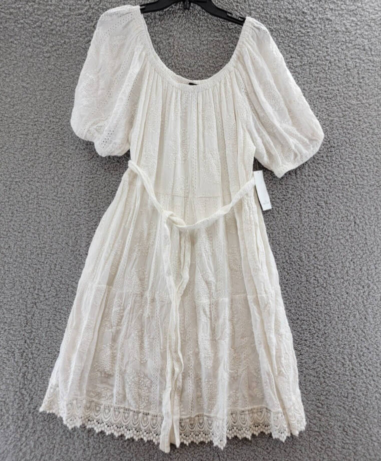 Karen Kane Embroidered Eyelet Puff Sleeve Dress Women's L White Belted Pullover