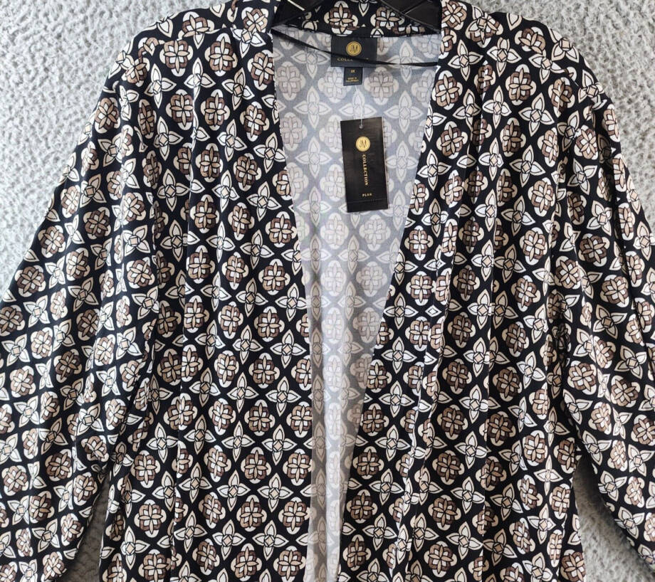 JM Collection Plus Size Francesca Foulard Cardigan Women's 3X Deep Black Combo
