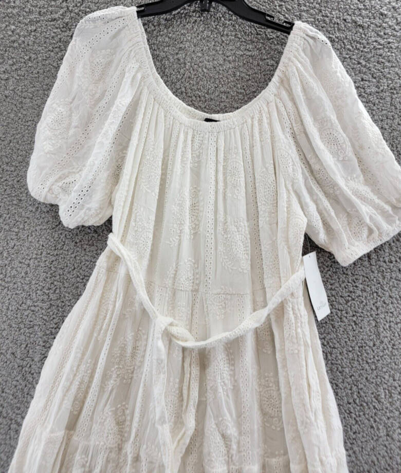 Karen Kane Embroidered Eyelet Puff Sleeve Dress Women's L White Belted Pullover