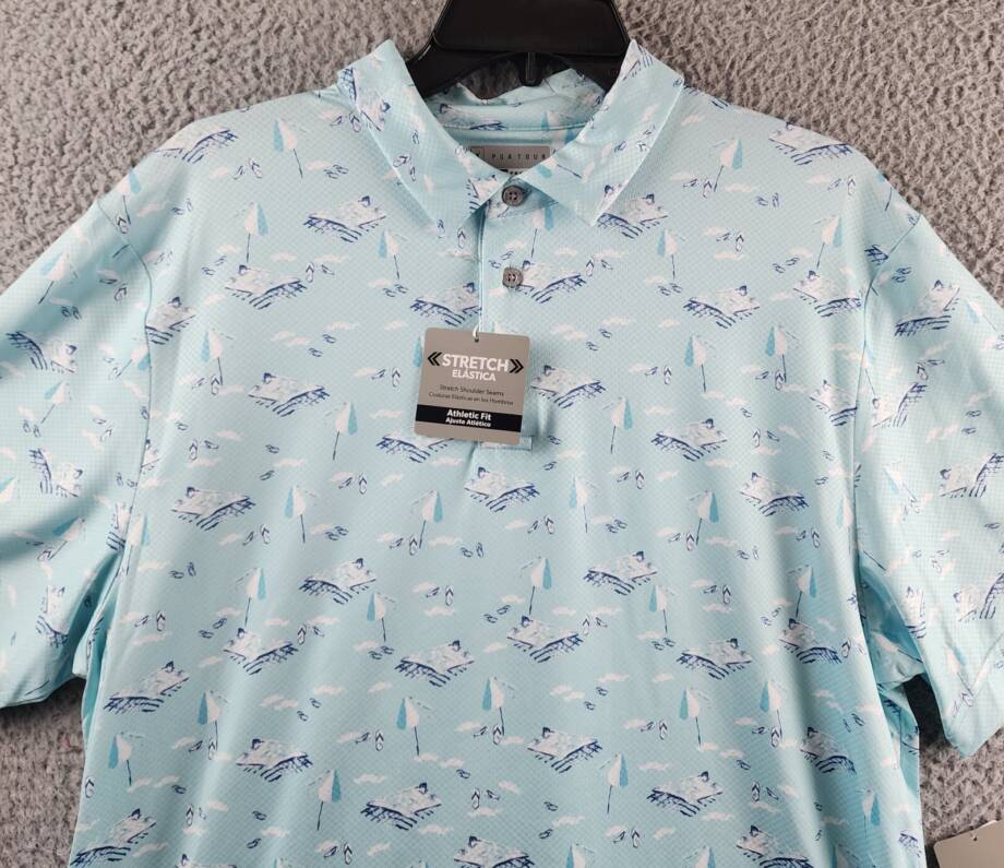 PGA TOUR Stretch-Performance Patterned Polo Shirt Men's L Blue Curacao Pullover
