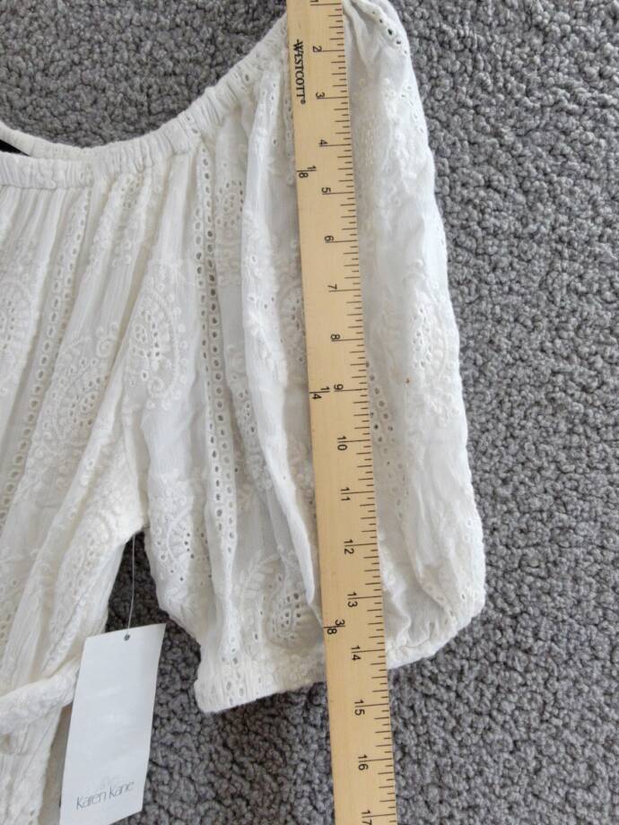 Karen Kane Embroidered Eyelet Puff Sleeve Dress Women's L White Belted Pullover
