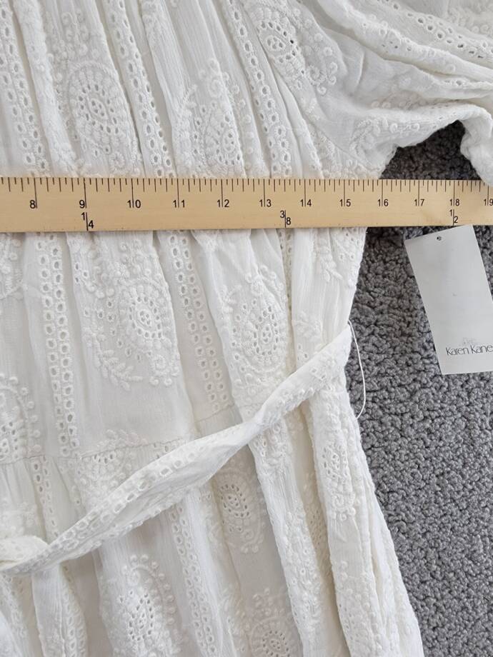 Karen Kane Embroidered Eyelet Puff Sleeve Dress Women's L White Belted Pullover