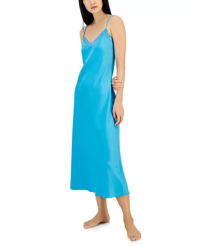 I.N.C. International Concepts Lace-Trim Satin Nightgown Women's XS Cyan Blue