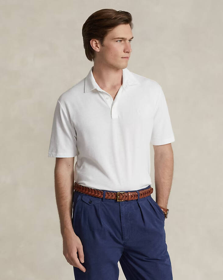 Polo Ralph Lauren Classic-Fit Cotton-Linen Mesh Polo Shirt Mens L White Collared