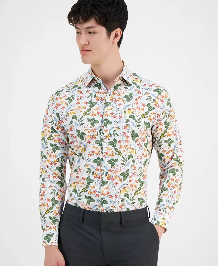 Bar III Slim-Fit Bold Ivy Dress Shirt Men's M White Multi Spread Collar Stretch