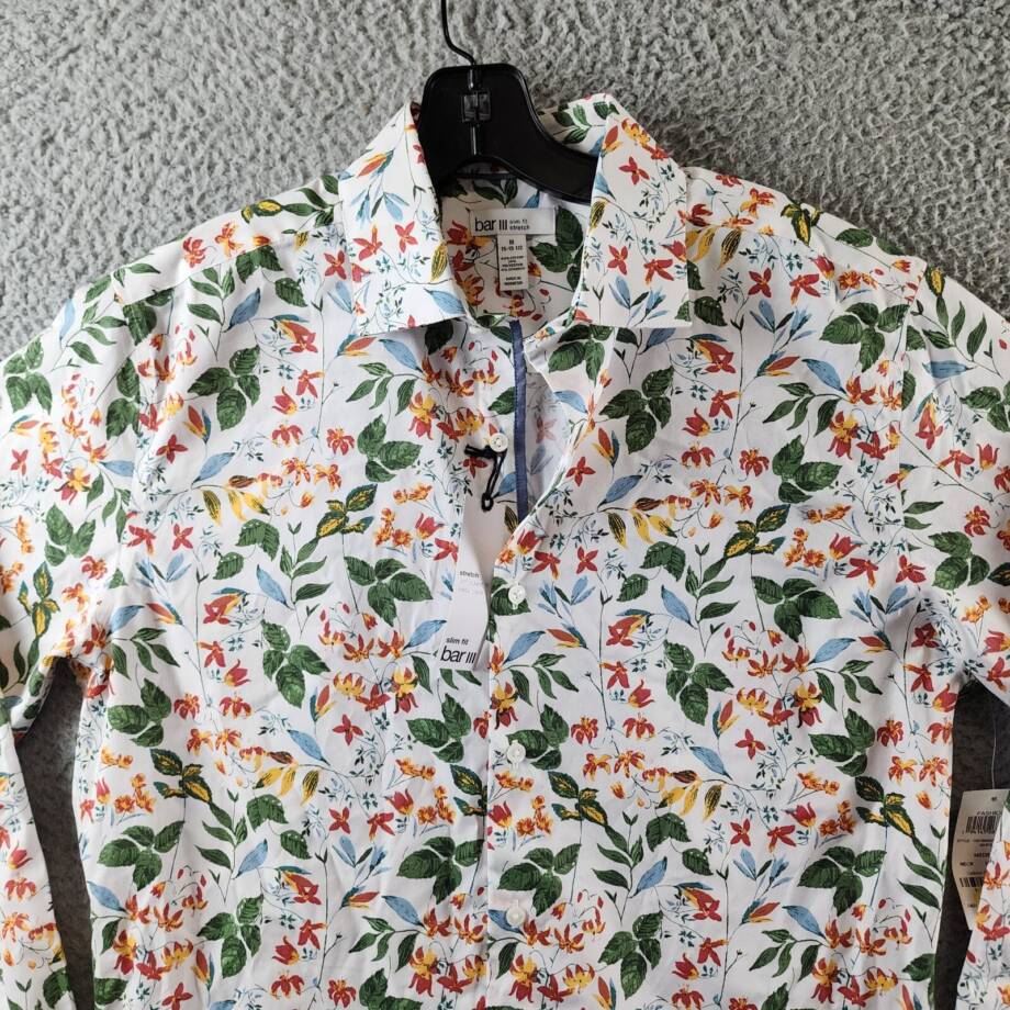 Bar III Slim-Fit Bold Ivy Dress Shirt Men's M White Multi Spread Collar Stretch