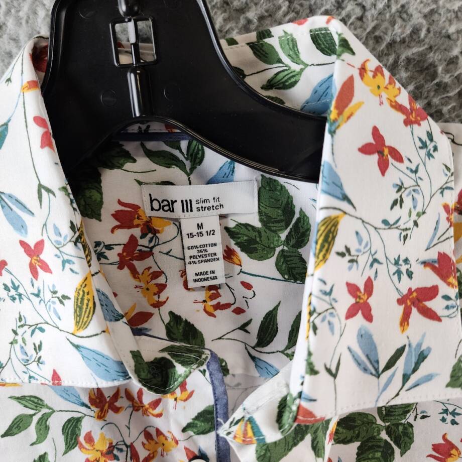 Bar III Slim-Fit Bold Ivy Dress Shirt Men's M White Multi Spread Collar Stretch