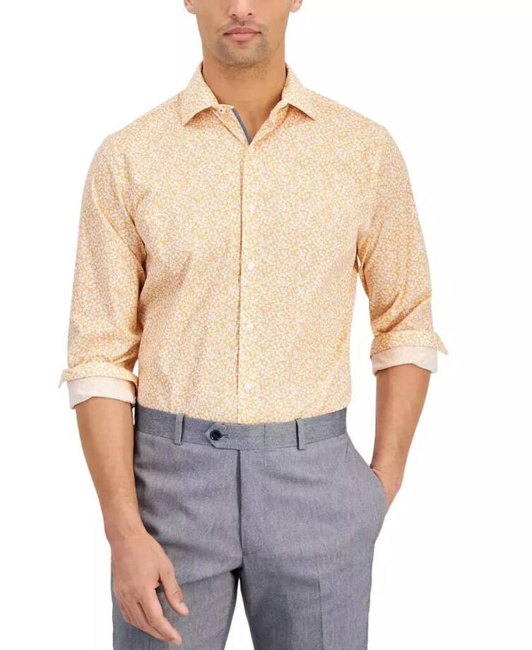 Bar III Slim-Fit Wave Floral Dress Shirt Mens M (15-15.5) Apricot Button Closure