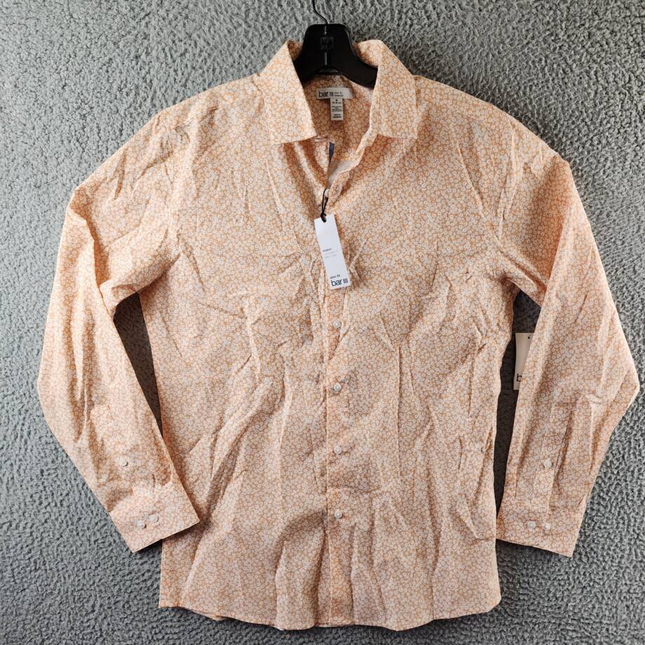 Bar III Slim-Fit Wave Floral Dress Shirt Mens M (15-15.5) Apricot Button Closure