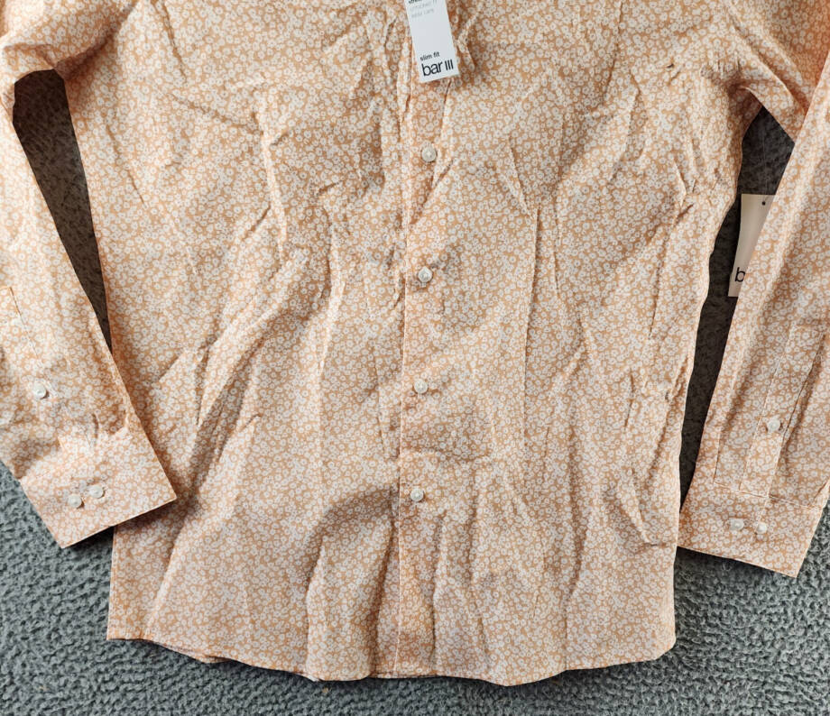 Bar III Slim-Fit Wave Floral Dress Shirt Mens M (15-15.5) Apricot Button Closure
