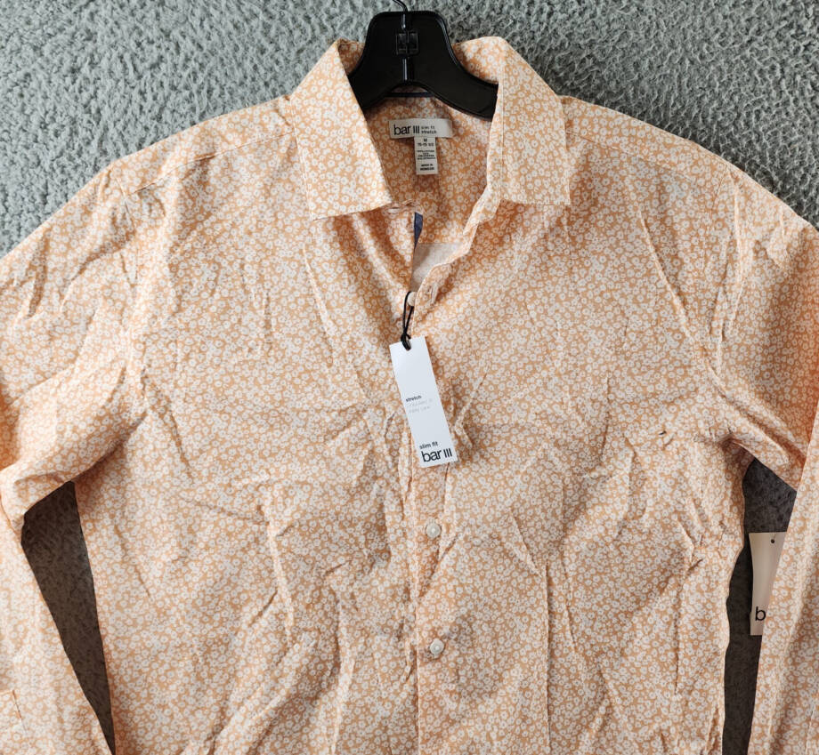 Bar III Slim-Fit Wave Floral Dress Shirt Mens M (15-15.5) Apricot Button Closure