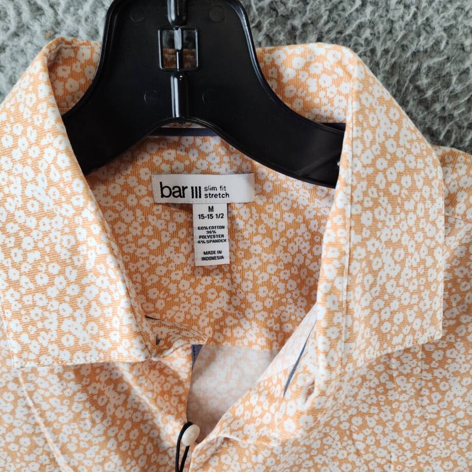 Bar III Slim-Fit Wave Floral Dress Shirt Mens M (15-15.5) Apricot Button Closure