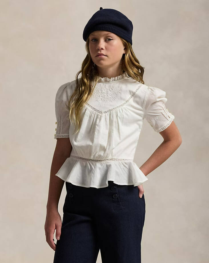 Ralph Lauren Embroidered Voile Top Girls' 8 White Lace Stand Collar Button Back
