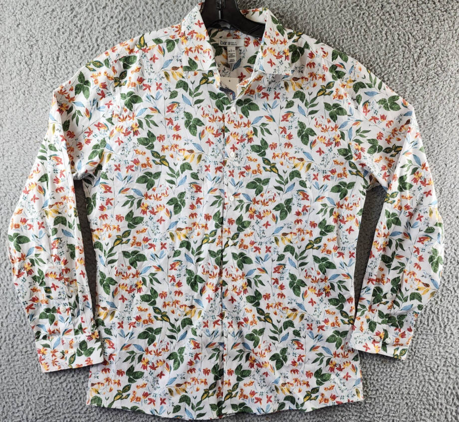 Bar III Slim-Fit Bold Ivy Dress Shirt Men's L White Multi Spread Collar Stretch