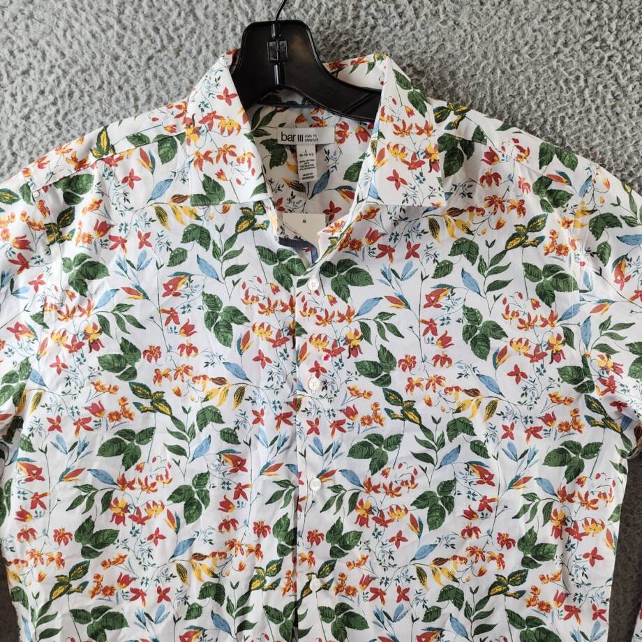 Bar III Slim-Fit Bold Ivy Dress Shirt Men's L White Multi Spread Collar Stretch