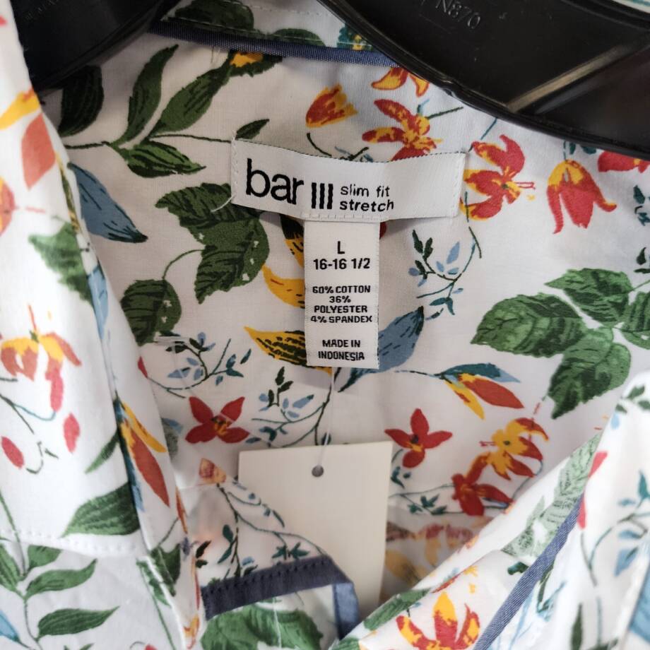 Bar III Slim-Fit Bold Ivy Dress Shirt Men's L White Multi Spread Collar Stretch