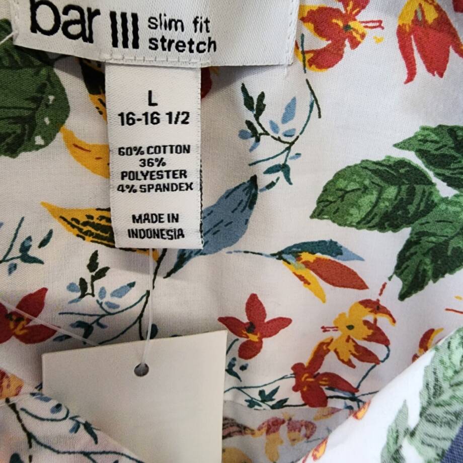 Bar III Slim-Fit Bold Ivy Dress Shirt Men's L White Multi Spread Collar Stretch