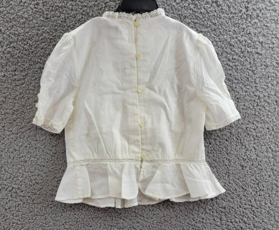 Ralph Lauren Embroidered Voile Top Girls' 8 White Lace Stand Collar Button Back