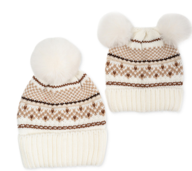 Charter Club Mommy & Me Adult & Child Fair Isle Beanies Set Womens Ivory Pompoms