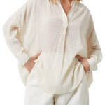 FRENCH CONNECTION Rhodes Textured Crepe Top Women's S Classic Cream Long Sleeve